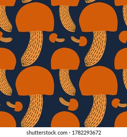 Seamless colorful vector pattern of autumn forest mushrooms on dark background. The design is perfectly suitable for textiles, surfaces, backgrounds, packaging, sheets, wallpaper, wrapping paper