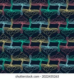 Seamless colorful vector pattern of autumn forest mushrooms in neon tones on dark background. The design is perfectly suitable for textiles, backgrounds, packaging, sheets, wallpaper, wrapping paper