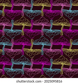 Seamless colorful vector pattern of autumn forest mushrooms in neon tones on dark background. The design is perfectly suitable for textiles, backgrounds, packaging, sheets, wallpaper, wrapping paper