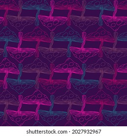 Seamless colorful vector pattern of autumn forest mushrooms in neon tones on dark background. The design is perfectly suitable for textiles, backgrounds, packaging, sheets, wallpaper, wrapping paper
