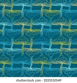 Seamless colorful vector pattern of autumn forest mushrooms in blue tones. The design is perfectly suitable for textiles, backgrounds, packaging, sheets, wallpaper, wrapping paper