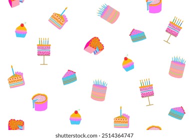 Seamless Colorful Vector Pattern with Birthday Cakes and Cupcakes on a White Background. Cute Irregular Endless Print with Hand Drawn Sweets and Desserts Ideal for Wrapping Paper, Textile. RGB.