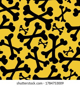 Seamless colorful vector pattern of black bones on yellow background. The design is perfect for Halloween decorations, textiles, surfaces, wallpaper, wrapping paper, danger signs