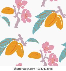 Nahtlose bunter Vektormuster mit Blüten, Blättern, Ästen und Früchten aus Mandeln. Helle Pastellfarben - Aqua, Rosa, Orange auf Weiß. Flache Formen Illustration. Retro Feeling.