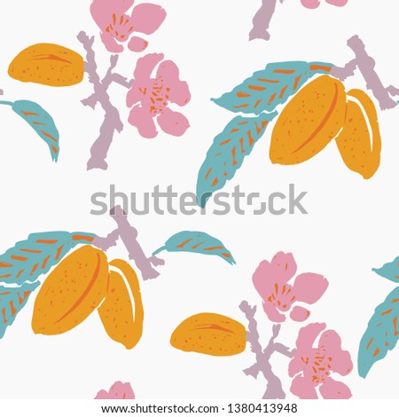 Seamless colorful vector pattern with blossom, leaves, branches and fruits of almond. Bright pastel colors - aqua, pink, orange on white. Flat shapes illustration. Retro feel.
