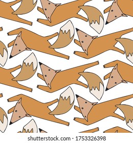 Seamless colorful vector pattern of cute red dreamy foxes on a white background. Can be used for background, wrapping paper, decorations, surfaces, wallpaper, textiles. 