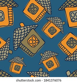 Seamless colorful vector pattern design of silhouette of lined ornamental orange houses on blue. The design is perfect for decorations, stickers, badges, logos, coloring, textiles, bags