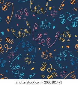 Seamless colorful vector pattern design of lined ornamental cartoon abstract cats snouts on blue background. The design is perfect for textiles, backgrounds, decorations, wallpaper, wrapping paper