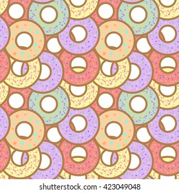 Seamless colorful vector pattern of donuts with different toppings (birthday party, wedding celebration, wrapping paper, textile, wallpaper design)