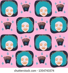 Seamless colorful vector pattern with drawing of afro american smiling woman with afro hair style and crowns. 