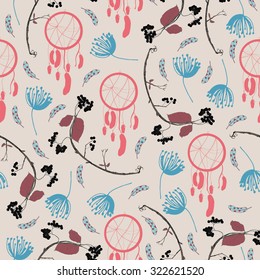 Seamless colorful vector pattern. Dream catchers, bird feathers, branch of chokeberry, fennel. Pink background.  Mix of pink, blue, maroon colors.
