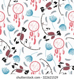 Seamless colorful vector pattern. Dream catchers, bird feathers, branch of chokeberry, fennel. White background. Mix of pink, blue, maroon colors.