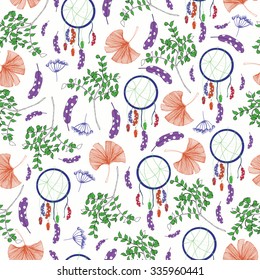 Seamless colorful vector pattern. Dream catchers, bird feathers, blueberries, gingko biloba, fennel.