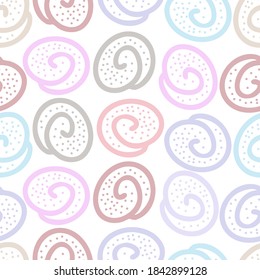 Patrón vectorial colorido y transparente de los garabatos abstractos de los rollos de canela dulce dibujados a mano sobre fondo blanco. La identificación de diseño perfecta para los fondos, los textiles y la decoración