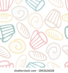 Seamless colorful vector pattern of hand drawn circle abstract doodles of sweet pastry baguettes cinnamon rolls on white background. The design id perfect for backgrounds, textiles, decorations