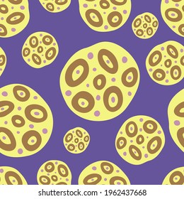 Seamless colorful vector pattern of hand drawn circle abstract doodles of yellow cookies on purple background. The design id perfect for backgrounds, textiles, decorations