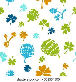 Seamless colorful vector pattern with hand drawn shamrock flowers. Background, textile print, presentation cover, greeting card.