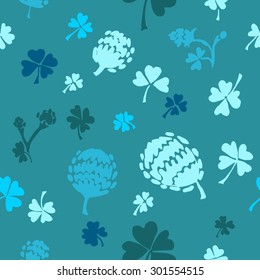 Seamless colorful vector pattern with hand drawn shamrock flowers. Background, textile print, presentation cover, greeting card.