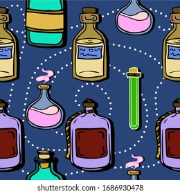 Seamless colorful vector pattern with old bottle isolated on blue background. Endless texture can be used for wallpaper, pattern fills, web page background, surface textures