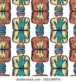 Seamless colorful vector pattern of ornamental hand with snake in test tube in vertical lines on white background. The design is perfect for backgrounds, posters, t-shirts, logos, tattoos, textile