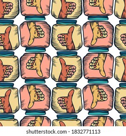 Seamless colorful vector pattern of ornamental hand with snake in test tube in vertical lines on white background. The design is perfect for backgrounds, posters, t-shirts, logos, tattoos, textile