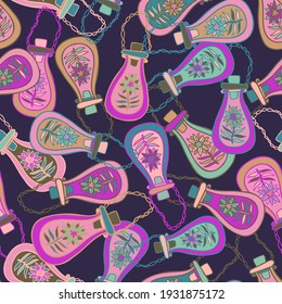 Seamless colorful vector pattern of ornamental flowers in test tubes in pink and purple tones on dark background. The design is perfect for backgrounds, textiles, advertisements, posters