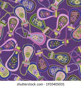 Seamless colorful vector pattern of ornamental flowers in test tubes in pink and purple tones on dark background. The design is perfect for backgrounds, textiles, advertisements, posters