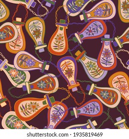 Seamless colorful vector pattern of ornamental flowers in test tubes in pastel tones on dark brown background. The design is perfect for backgrounds, textiles, advertisements, posters