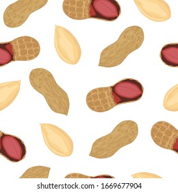 Seamless colorful vector pattern of peanuts on white background. Design for nut chocolate, peanut butter and nut products packing