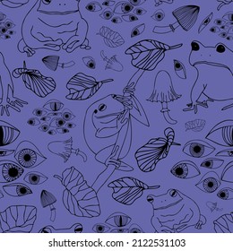 Seamless colorful vector pattern of phantasmagoria with lined mushrooms, eyes and frogs on purple background. The design is perfect for wallpaper, wrapping paper, textiles, backgrounds