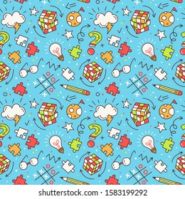 Seamless colorful vector pattern with puzzle, competition in answering quiz and intellectual game elements. 