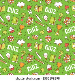 Seamless colorful vector  pattern with puzzle, competition in answering quiz and intellectual game elements. Intelligence or intellect contest backdrop. 