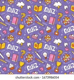 Seamless colorful vector  pattern with puzzle, competition in answering quiz and intellectual game elements. Intelligence or intellect contest backdrop. 