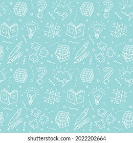Seamless colorful vector  pattern with puzzle, competition in answering quiz and intellectual game elements. Intelligence or intellect contest backdrop, brainstorm svg