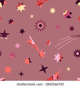 Seamless colorful vector pattern with stars and comets on a colored background. Space. Illustration for gifts, banners, fabrics, postcards, holidays.