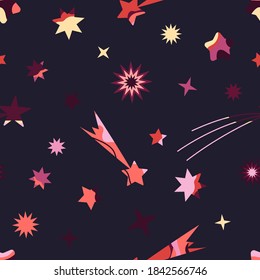 Nahtlose, bunte Vektormuster mit Sternen und Kometen auf buntem Hintergrund. Raum. Illustration für Geschenke, Banner, Stoffe, Postkarten, Feiertage.