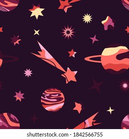 Seamless colorful vector pattern with stars, comets, and planets on a colored background. Space. Illustration for gifts, banners, fabrics, postcards, holidays.