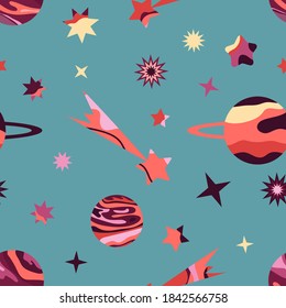 Seamless colorful vector pattern with stars, comets, and planets on a colored background. Space. Illustration for gifts, banners, fabrics, postcards, holidays.