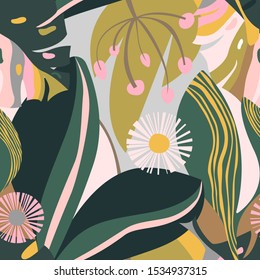 Seamless colorful vector pattern with stylized plants, summertime digital background 