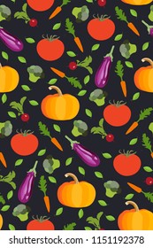 Seamless colorful vegetable pattern on dark background. Vector illustration. Template. Perfect for creating a bright design of grocery stores, cafes, restaurants, kitchen...