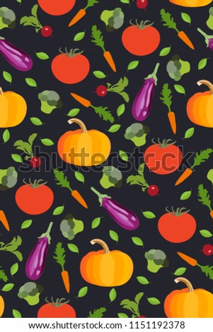 Seamless colorful vegetable pattern on dark background. Vector illustration. Template. Perfect for creating a bright design of grocery stores, cafes, restaurants, kitchen...