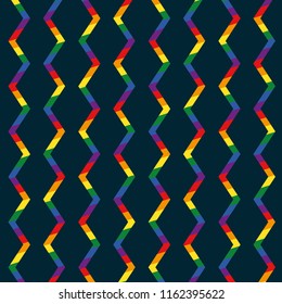 Seamless Colorful Vertical Rainbow Zig Zag Lines Deep Blue Background Vector Pattern