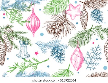 Seamless colorful vintage Christmas pattern. Hand drawn conifers: fir, larch, juniper, pine, spruce. Sketch vector illustration. Fir branches, cones and decorations. 