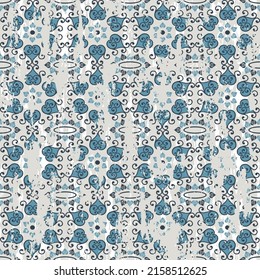 Seamless colorful vintage texture pattern. Abstract blue heart texture pattern on beige background.