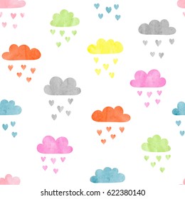 Seamless colorful watercolor clouds pattern. Rain of hearts. Vector illustration.