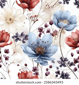 A Seamless colorful wild flowers with watercolor effect illustration style.