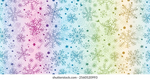 Seamless colorful winter pattern with doodle snowflakes and stars on white
