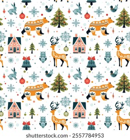 Seamless colorful winter pattern in Nordic style with simple animals and floral ornaments