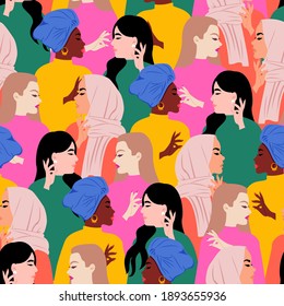 Seamless colorful women of different races empowerment pattern. International women's day. Flat vector design.