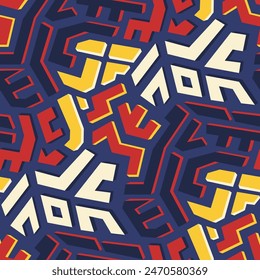Colorido inconsútil 3D patrón geométrico estilo tribal en azul profundo.